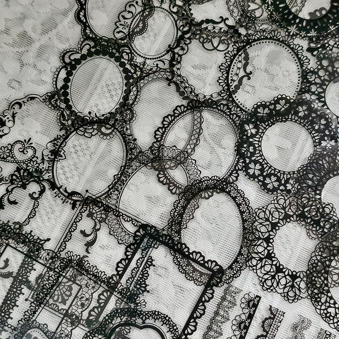 PRSTINCOL 120 PCs Lace Scrapbook Stickers,Waterproof Cutout Transparent Sticker PET Transparent Lace Stickers for Scrapbooking DIY Decoration Making Notebook Frame Album Handmade(Black)