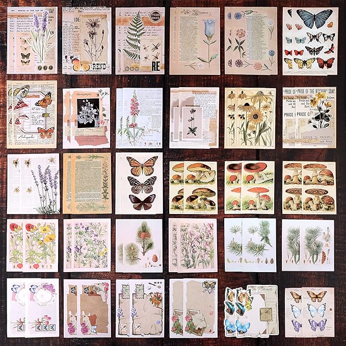Draupnir 200pcs Vintage Junk Journal Supplies,Scrapbook Supplies Scrapbooking Paper and Stickers Ephemera for Art Aesthetic Journaling Kit Collage(Nature)