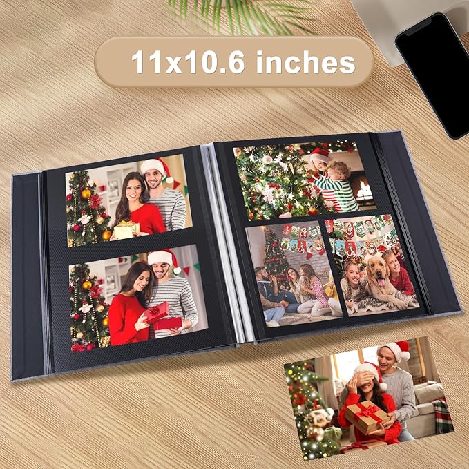 Self Adhesive Photo Album Black Pages Scrapbook Magnetic Photo Albums for 4x6 5x7 8x10 Pictures Books with Sticky Pages with A Metallic Pen for Baby Family Wedding 11x10.6 GrassGreen 60 Pages