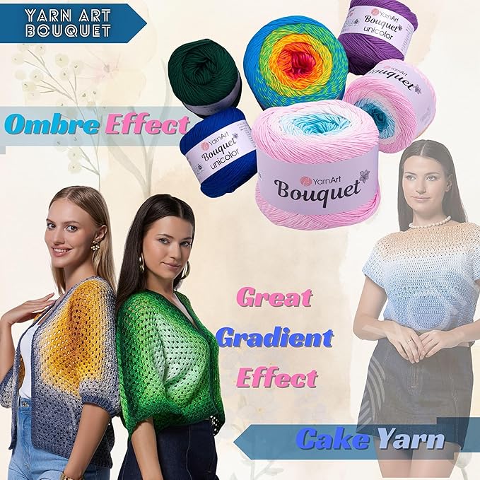 2 Skein Yarn Art Bouquet 100% Cotton 250grx2 550yardsx2 Multicolor Cotton Cake Yarn, Ombre More Softness, Gradient Rainbow Crochet Spring Summer Light 3, Top 5 Most Used Colors (Bouquet 702)