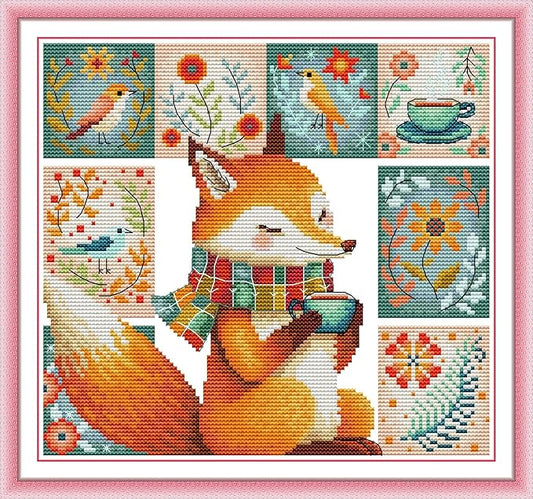 Threadhaven 16CT Stamped Cross Stitch Kit - Full Range Patterns for Adults, High - Definition Printing Embroidery Kit, Ideal for Beginners- Coffee Fox 9.8''×9.8''