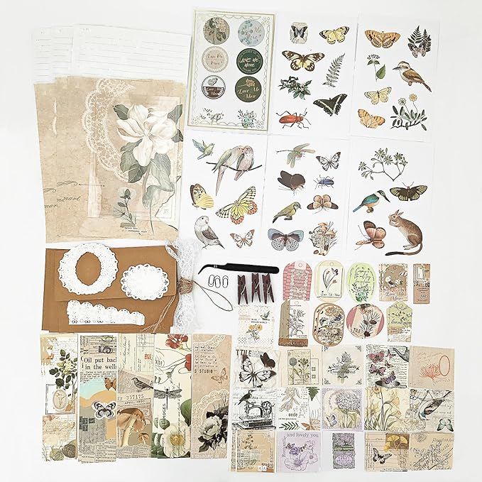 251PCS Vintage Scrapbook Supplies Pack, Scrapbooking Paper and Stickers Ephemera Bundle Junk Journal Kit for Art Aesthetic Journaling Collage Decoupage Craft (Flowers and Birds)