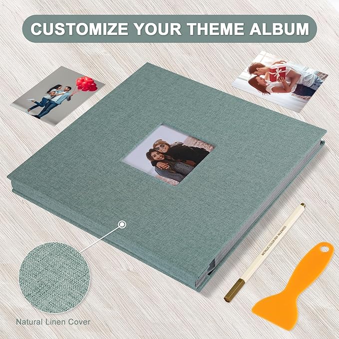Self Adhesive Photo Album Black Pages Scrapbook Magnetic Photo Albums for 4x6 5x7 8x10 Pictures Books with Sticky Pages with A Metallic Pen for Baby Family Wedding 13.2x12.8 Green 40 Pages