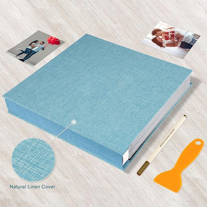 Photo Album Self Adhesive Pages Black Sticky Pages Large Scrapbook Linen Cover for 4x6 5x7 8x10 Pictures Album de Fotos Wedding Couples Baby Family Memory Book, 13.2x12.8 Light Blue 120 Pages
