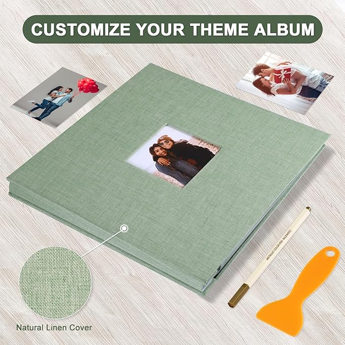Self Adhesive Photo Album Black Pages Scrapbook Magnetic Photo Albums for 4x6 5x7 8x10 Pictures Books with Sticky Pages with A Metallic Pen for Baby Family Wedding 13.2x12.8 GrassGreen 40 Pages