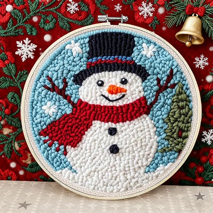 QBQBQ 4 Sets Christmas Punch Needle Kits Adults Beginner, Christmas Embroidery Kit with Printed Pattern and Bamboo Hoop, Festival Gift and Decoration