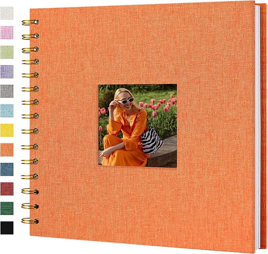 Hiwhy Scrapbook Photo Album Linen Cover, 8 x 8 Inch Hardcover Kraft White Pages Memory Book, for Travel Wedding Guest Book Christmas Baby Shower (20 Sheets/ 40 Pages,Orange)