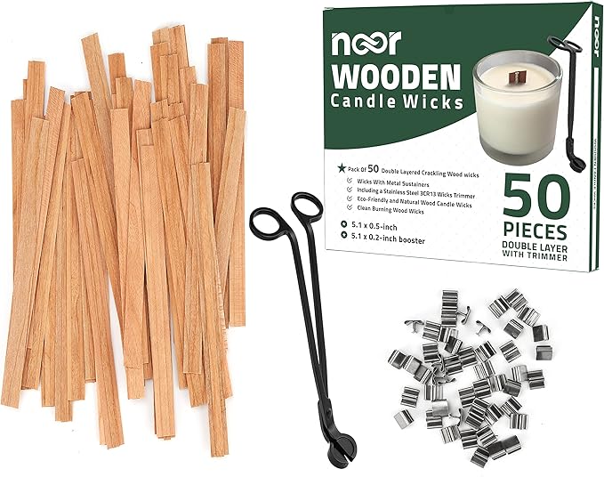 NOOR 50 Pieces Smokeless Wooden Wicks with Trimmer for Candle Making and 5.1 X 0.2 inch Booster - 5.1 X 0.5 inch Crackling Wood Wick for DIY Candles with 50pcs Metal Clips