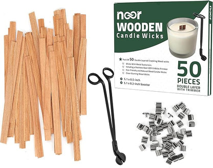 NOOR 50 Pieces Smokeless Wooden Wicks with Trimmer for Candle Making and 5.1 X 0.2 inch Booster - 5.1 X 0.5 inch Crackling Wood Wick for DIY Candles with 50pcs Metal Clips