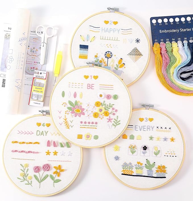 VIVIDOX 4 Sets Embroidery Kit for Beginners Adults, 25 Stitches Practice Kits Cross Stitch for Starter, DIY Hand Craft with Stamped Pattern, Bamboo Hoop, Threads, Scissors, Tools, Instruction