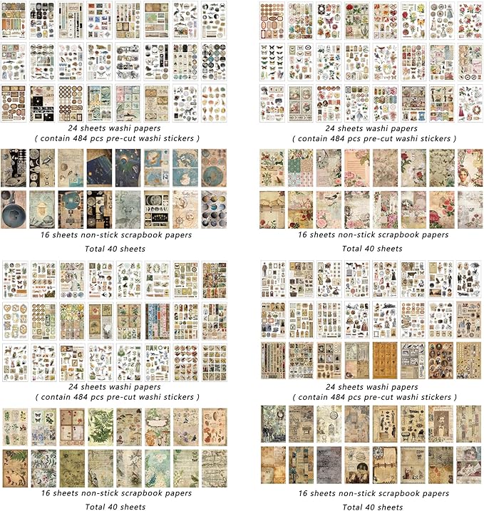 Prstincol 4 Pack Vintage Washi Stickers and Papers for Scrapbooking, 4×40 Sheets Ephemera Book for Art Journaling,Stickers and Decoupage Papers for Junk Journal