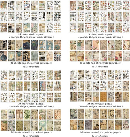 Prstincol 4 Pack Vintage Washi Stickers and Papers for Scrapbooking, 4×40 Sheets Ephemera Book for Art Journaling,Stickers and Decoupage Papers for Junk Journal