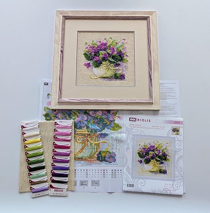 RIOLIS - Violets in a Pot 2091, Cross Stitch Kits 8¾" x 8¾", Cross Stitch Kits for Adults, Floral Counted Cross Stitch Kits, Embroidery Kit for Beginners & Advanced, Crossstitching Kits