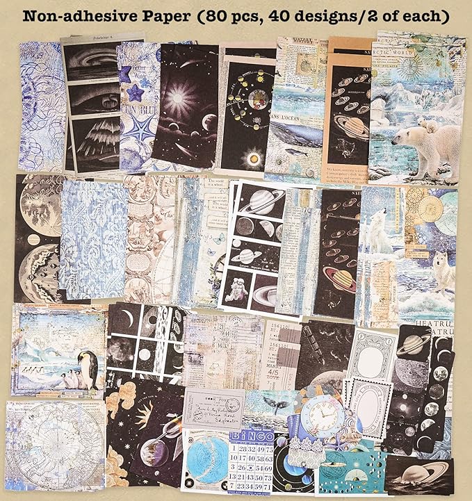 Knaid 200 Piece Vintage Ephemera Bundle - Paper & Sticker Kit for Junk Journaling, Scrapbooking, Planners, Bullet Journals, Collage, Decoupage - Black/Blue Tones