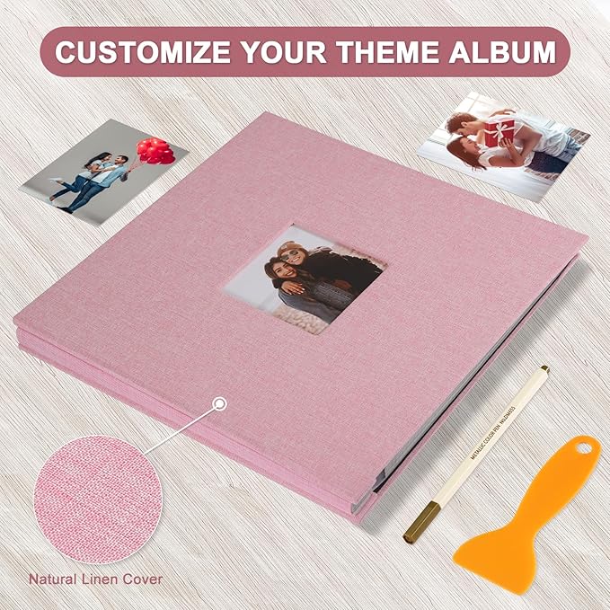 Self Adhesive Photo Album Black Pages Scrapbook Magnetic Photo Albums for 4x6 5x7 8x10 Pictures Books with Sticky Pages with A Metallic Pen for Baby Family Wedding 13.2x12.8 Pink 60 Pages