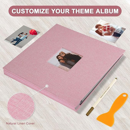 Self Adhesive Photo Album Black Pages Scrapbook Magnetic Photo Albums for 4x6 5x7 8x10 Pictures Books with Sticky Pages with A Metallic Pen for Baby Family Wedding 13.2x12.8 Pink 60 Pages