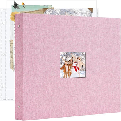 Hiwhy 12x12 Inch Large 3 Ring DIY Scrapbook Photo Album, Linen Cover Scrapbook with 20 Sheets Plastic Sleeves 40 Pages Memory Book for Wedding Birthday Baby Family (Pink)