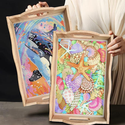 DIY Diamond Art Wooden Tray Kit, Food Tray with Handle Diamond Painted Table Decoration Tray, for Breakfast, Bar Dinner Table Diamond Dots Gem Painting Art Set for Beginners (#10-Orca)