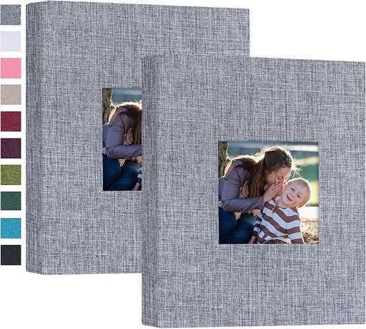 Mublalbum 2 Pack Small 5x7 Photo Album Linen Cover with Display Window Mini Picture Book Each Holds 52 Vertical Pockets for Artwork Postcards or Pictures Storage (Gray)