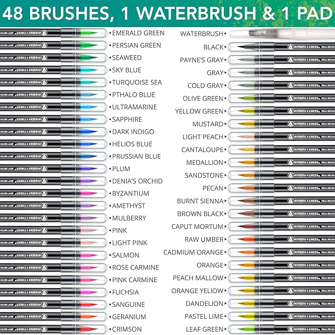 Norberg & Linden Real Waterbrush Set - 48 Watercolor Paint Markers, 1 Refillable Water Brush, Painting Pad - Nylon Tips for Drawing & Calligraphy - Coloring Pens for Professional & Beginner Artists