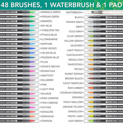 Norberg & Linden Real Waterbrush Set - 48 Watercolor Paint Markers, 1 Refillable Water Brush, Painting Pad - Nylon Tips for Drawing & Calligraphy - Coloring Pens for Professional & Beginner Artists