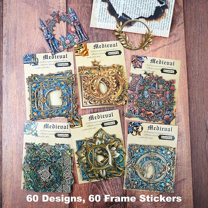 AuriicLeaf Medieval Frame Stickers – 60 Hollow-Cut Cardstock Stickers for Scrapbook & Journal, Vintage Self-Adhesive Embellishments for Junk Journal, DIY Art & Collage Design