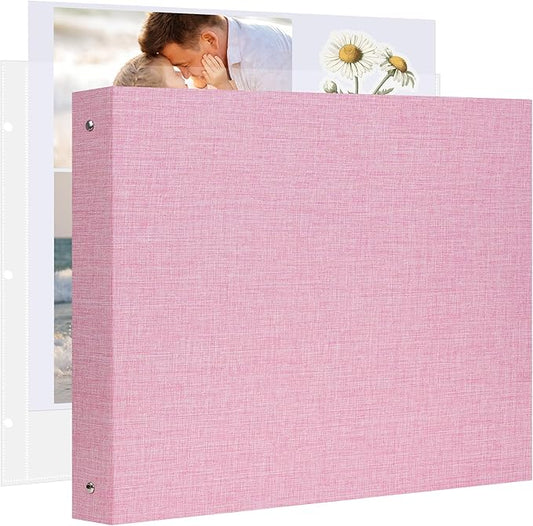 Remowith Large Scrapbook Album with 30 Sheets Plastic Sleeves and Scrap Book Paper 12x12 Inch, Linen Cover 3 Ring Photo album Scrapbooks for Wedding Baby Famliy Memory Pink