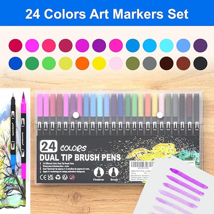Halobios Dual Brush Marker Pens, 24 Colors Art Markers with Fine and Brush Tip Coloring Markers for Adults, Marker for Journaling Calligraphy Drawing Sketching Doodling Illustrating