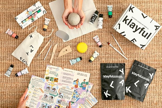 KLAYFUL Pottery Kit for Adults – 6,6lbs Air Dry Clay Pottery Set with Tools, Paints & Brushes – DIY Arts & Crafts Kit for Beginners & Couples | Creative Gift Set for Relaxing Date Night Crafts