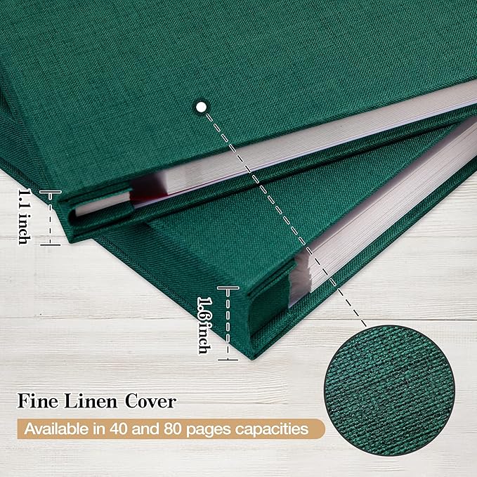 potricher Large Photo Album Self Adhesive 4x6 5x7 8x10 Pictures Linen Cover 80 Blank Pages Magnetic DIY Scrapbook Albums with A Metallic Pen (Dark Green)