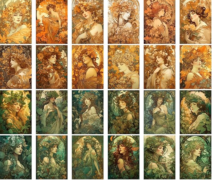Large Stickers (24 pcs 2.5"x3.5" Each) Autumnal Art Nouveau Style Portraits of Serene Ladies Surrounded by Nature Vintage Postcards Retro Greeting Card Book Illustration Reprint