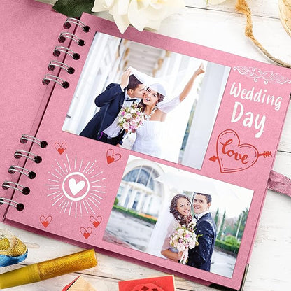 Bstorify Square Scrapbook Photo Albums 7 x 7 Inch Pink Thick Paper, Hardcover, Metal Corners, Ribbon Closure - Ideal for Your Scrapbooking Albums, Art & Craft Projects