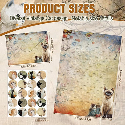 TaoBary 160 Pcs Stationery Paper Set 50 Double Sided Stationery Papers with 50 Matching Envelopes and 60 Round Dot Sticker, 10 Design(Cat,5.5 x 8.25 Inch)