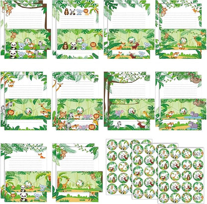 TaoBary 160 Packs Stationery Paper Set (50 Double Sided Stationery Writing Papers 50 Matching Envelopes) 60 Round Dot Sticker, 10 Design(Safari Animal,8.5 x 11 Inch)