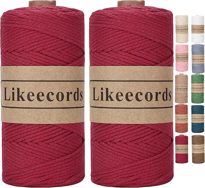 100% Cotton Rope Crochet Yarn Bag Cord 2mm 350Yards Braided Macrame Cord Macrame Rope Crochet Thread Gift for Knitter (Dark Red)