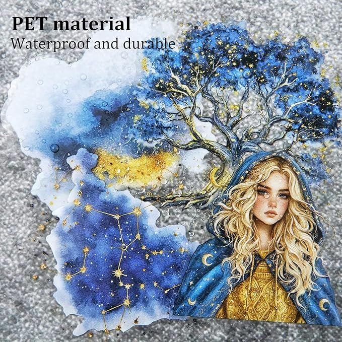 AuriicLeaf Fantasy Night Dream PET Stickers Set, 180Pcs Mystical Celestial Stickers for Journaling, Scrapbooking, DIY Crafts, Planners, and Collage Art