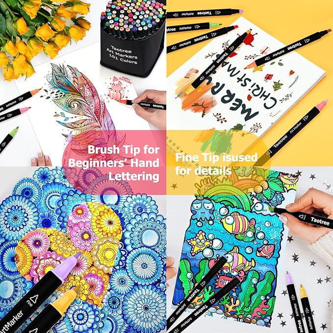 Taotree Alcohol Markers, 101 Colors Dual Tips Art Markers Pens Set, Chisel & Fine Sketch Pens, Art Supplies Kit for Artist Adult Coloring Books Colors, Painting, Drawing, Blending and Sketching