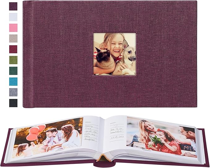 Mublalbum Small 4x6 Photo Album Linen Cover with Memo Areas Photobook Pictures Book Holds Horizontal Pockets for Wedding Family Baby and Vacation (Purple)