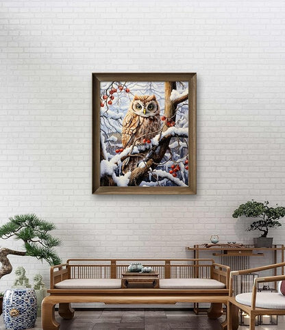 Leczany Cross Stitch Stamped Kit for Beginner - Owl in Snow | DIY Embroidery Starter Patterns Craft Kit Needlepoint for Adults | 11CT, 3 Strands | 14.2x16.5 inches