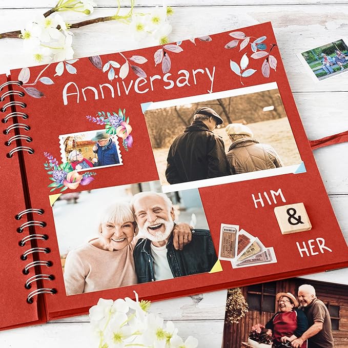 Bstorify 10 x 10 Inches Scrapbook Album 70 Pages Red Thick Kraft Paper Corner Protectors, Ribbon Closure - Ideal for Your Scrapbooking, Art & Craft Projects (Red, 10 x 10 Inch)