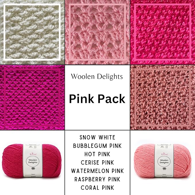Woolen Delights Soft Wool Yarn for Crocheting, 7-Pack (1218Yds / 700G), Free Patterns - #4 Medium Aran/Heavy Worsted Weight Wool Yarn for Knitting - Pink Pack