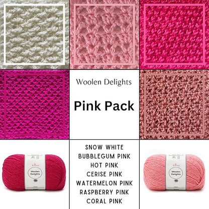 Woolen Delights Soft Wool Yarn for Crocheting, 7-Pack (1218Yds / 700G), Free Patterns - #4 Medium Aran/Heavy Worsted Weight Wool Yarn for Knitting - Pink Pack