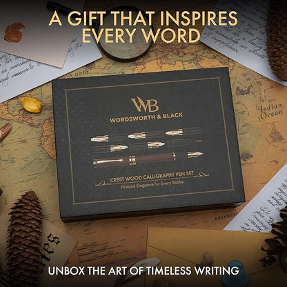 Wordsworth & Black Calligraphy Pen Gift Set, Includes Ink Bottle, 6 Ink Cartridges, Ink Refill Converter, 6 Replacement Nibs, Luxury Bamboo, Journaling, Smooth Writing Pens [Rosewood]