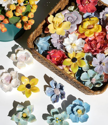 Lanyani 10 Pieces Iridescent Ceramic Blossom for Mosaic Crafts, Mixed Bright Color Porcelain Floral Flower Mosaic Tiles Embellishments for Art Craft