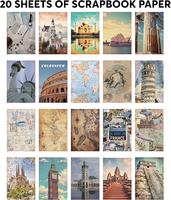 Fayware 300+ Travel Stickers for Scrapbooking & 20 A5 Papers - Pre-Cut Washi Stickers for Journaling, Vintage Travel Scrapbooking Supplies, Junk Journals Stickers