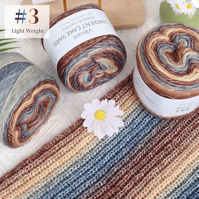 Aeelike Cake Yarn for Crocheting, 3 Skeins Gradient Cake Yarn 100g (3.52 oz) 245m (267 Yards), Super Soft Ombré Yarns Cake Rainbow Cotton Yarn for Making Colorful Crafts, Khaki Gradient