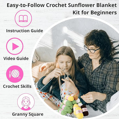CSWCS Crochet Sunflower Blanket Kit for Beginners, Granny Square Pattern Crochet Yarn Accessories, Instructions Video for Starter, Adult Craft Knitting Kit for DIY Women (Green Sunflower)