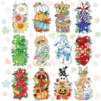 Cinnvoice 12 Pcs Seasonal Diamond Art Wreath Kits Holiday 5d DIY Diamond Art Hanging Signs Winter Spring Ornaments for Wall Door Decoration(Vertical)