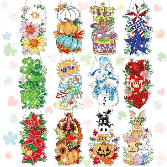 Cinnvoice 12 Pcs Seasonal Diamond Art Wreath Kits Holiday 5d DIY Diamond Art Hanging Signs Winter Spring Ornaments for Wall Door Decoration(Vertical)
