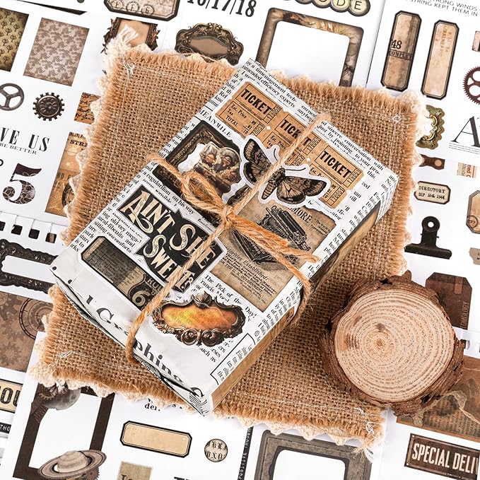 RISYPISY Pre-Cut Vintage Sticker for Journaling, 595PCS - 50 Sheets Washi Brown Scrapbooking Stickers, Ephemera for Junk Journal Supplies DIY Crafts Dark Academia Stickers for Adults